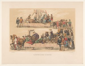 Utrechtin naamiaisten viides ryhmä vuonna 1856 Luonnonvara (otsikko esineessä) Kotimaamme noin 1600-luvun puolivälissä, H.H. opiskelijat, Mutua Fidesin jäsenet, Utrechtsche Hoogeschoolin 220-vuotisjuhlan kunniaksi,