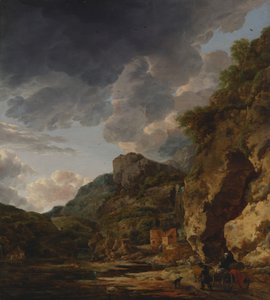 Vuoristomaisema, jossa on joki ja vaunut, 1700-luvun kolmas neljännes (öljy paneelille).