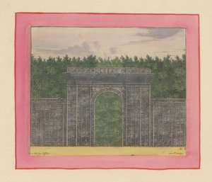 Rechteckiger Pavillon aus Lattenwerk mit Tor für eine Hecke in den Gärten von Versailles tekijältä Willem Swidde