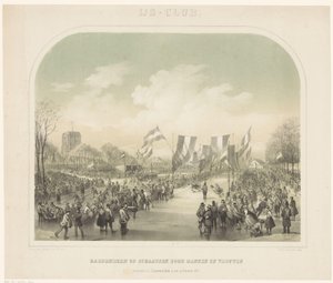 luistelukilpailu Miesten ja naisten jääkerho / pikaluistelu Leeuwardenissa 22. helmikuuta 1855 (otsikko esineessä) tekijältä Willem Troost (II)