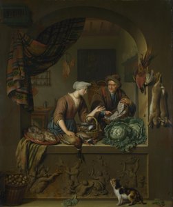 Nainen ja kalakulkija keittiössä, 1713