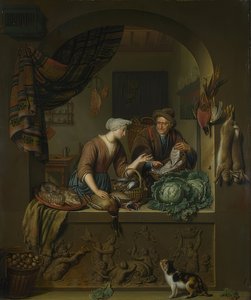 Nainen ja kalakauppias keittiössä. 1713 tekijältä Willem Van Mieris