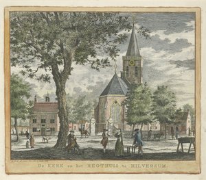 Kirkko ja oikeustalo Hilversumissa vuonna 1762 (ennen vuoden 1766 tulipaloa) Kirkko ja Regthuis Hilversumissa (otsikko esineessä) tekijältä Willem Writs