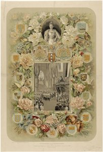 Kuningatar Wilhelminan juhlallisen kruunajaisen muistoksi Nieuwe Kerkissä Amsterdamissa - 6. syyskuuta 1898 (otsikko esineessä) tekijältä Willem Zwart