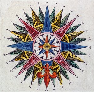 Rose des vents (yksityiskohta 10831), Guillaumen ja Jean Blaeun "Le theatre du monde ou Nouvel atlas" tekijältä Willem and Joan  Blaeu