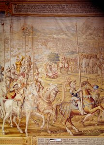 Keisari Kaarle V:n Tunisian valloitus vuonna 1535: keisarin ja lapsen Don Luisin esitys. Yksityiskohta Willem de Pannemakerin kuvakudos (toiminut noin 1535-1554) 1554 Alcazar de Seville