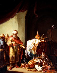 Kroesus näyttää rikkauksiaan Solonille (öljy paneelissa)