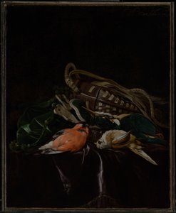 Asetelma kuolleiden lintujen ja riistalaukun kanssa tekijältä Willem van Aelst