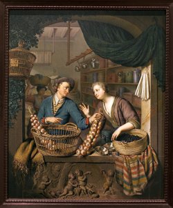 Sipulin myyjä. Willem van Mierisin (1662-1747) maalaus, öljy puulle