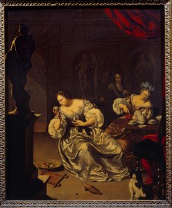 Hollannin aateliston naiset juomassa teetä. Willem van Mierisin (1662-1747) maalaus (ec.holl.) 1700-luvun su. 0,42x0,34 m