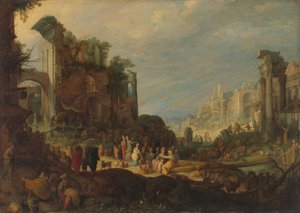 Matkustajat roomalaisten raunioiden joukossa Rebeccan ja Eliezerin kanssa kaivolla tekijältä Willem van Nieulandt (II) (attributed to)