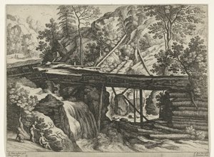 Vuoristomaisema puisella akveduktilla Italian maisemat (sarjan nimi) tekijältä Willem van Nieulandt (II)