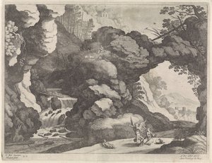 Maisema Hagarin ja Ismaelin kanssa Italian maisemat (sarjan nimi) tekijältä Willem van Nieulandt (II)