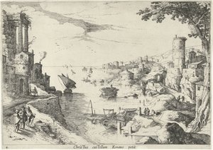 Maisema Emmauksen matkailijoiden kanssa Christ castellum Emaus petit (otsikko esineessä) Italian maisemat ja raamatulliset kohtaukset (sarjan nimi) tekijältä Willem van Nieulandt (II)
