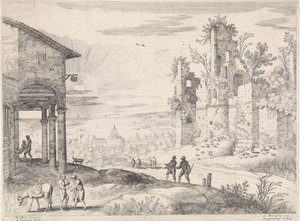 Maisema laupias samarialaisen kanssa Innissä Italian maisemat (sarjan nimi) tekijältä Willem van Nieulandt (II)