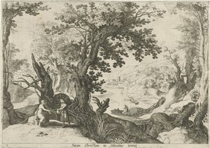 Maisema Kristuksen kiusauksen kanssa Saatana Christum yksinäisyysteltassa (otsikko esineessä) Italian maisemat ja raamatulliset kohtaukset (sarjan nimi) tekijältä Willem van Nieulandt (II)