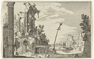 Roomalaiset rauniot meren rannalla Roomalaiset rauniot ja rannikkomaisemat (sarja 1) (sarjan nimi) tekijältä Willem van Nieulandt (II)