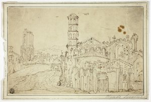 Näkymä Roomassa: Torre della Melisa, varhaiskristillisen kirkon rauniot. tekijältä Willem van Nieuwlandt II