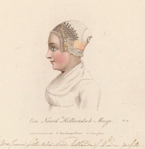 Tytön päähine Pohjois-Hollannista, 1816 Pohjois-Hollannin tyttö / Une Jeune fille de la Nord-hollande / Vue en profil (otsikko esineessä)