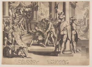 Oikeuden allegoria, lain pyhyys, levy 12 teoksesta Oikeuden valtaistuimet (Thronus Iustitiae). tekijältä Willem van Swanenburgh