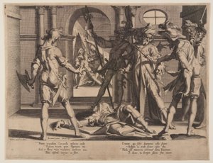 Roomalaisen tuomarin Papinianuksen mestaaminen, levy 5 teoksesta Oikeuden valtaistuimet (Thronus Iustitiae). tekijältä Willem van Swanenburgh