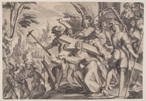 Kristus kantaa ristiä, levy 4 teoksesta Oikeuden valtaistuimet (Thronus Iustitiae). tekijältä Willem van Swanenburgh