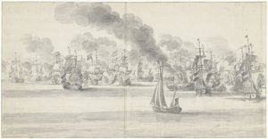 Katwijkin taistelu (vasemmalla sivulla), 1653 tekijältä Willem van de Velde (I)