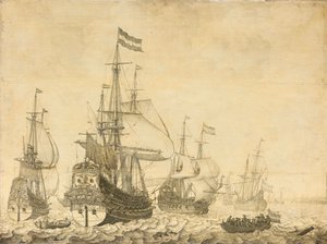 Merimaisema hollantilaisten sotamiesten kanssa, mukaan lukien Drenthe ja prinssi Frederick-Henry tekijältä Willem van de Velde (I)