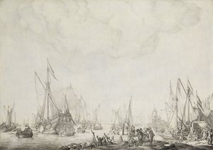 Kuninkaalliset ja osavaltion jahdit, mahdollisesti Englannin Charles II:n saapuminen Moerdijkiin, 1660 tekijältä Willem van de Velde (I)