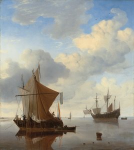 Rauhallinen - smalschip ja kaag ankkurissa englantilaisen man-o"-sodan takana