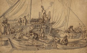Figuurit pienillä kauppa-aluksilla, n. 1650-5 (kynä, ruskea muste ja pesupiirustus) tekijältä Willem van de Velde