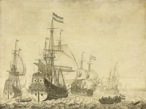 Merimaisema hollantilaisten sotamiesten kanssa, mukaan lukien Drenthe ja prinssi Frederick-Henry, n. 1670 (maalaus paneelissa) tekijältä Willem van de Velde