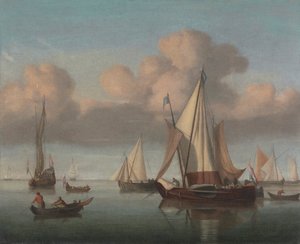 Kaag ankkurissa nostettuina purjeineen sekä valtion huvivene ja muita aluksia tekijältä Willem van de Velde the Younger