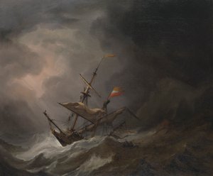 Myrskyssä kalliorannikolle ajelehtiva Välimeren prikaati, noin 1700 (öljy kankaalle).
