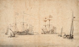 Vapaana juokseva kaagi ja kaksi hollantilaista lippulaivaa ankkurissa, noin 1665 (kynä, ruskea muste, harmaa tussi).