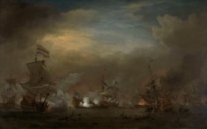 Yömeritaistelu Cornelis Trompin Gouden Leeuwilla ja Sir Edward Spraggen välillä Royal Princessä tekijältä Willem van de Velde the Younger