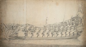 Muotokuva vuonna 1679 rakennetusta ja vuonna 1700 uudelleen rakennetusta kolmannen luokan Grafton-aluksesta, noin 1680 (grafiitti, harmaa pesu).