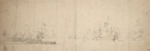 Hollannin laivasto lähdössä liikkeelle laiturilta, n.1665 (grafiitti, harmaa pesu). tekijältä Willem van de the Elder Velde