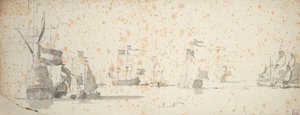 Valtion jahti ja hollantilaisia aluksia ankkurissa, noin 1664 (grafiitti, harmaa pesu) tekijältä Willem van de the Elder Velde