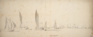 Vetovene, wijdschips ja waterschips kevyessä tuulessa, noin 1664 (grafiitti, harmaa pesu). tekijältä Willem van de the Elder Velde