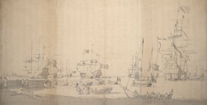 Weyschuitia vedetään maihin täpötäydessä satamassa, noin 1672 (grafiitti).