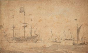 Englannin lippulaiva ankkurissa, mahdollisesti kesäkuussa 1673, noin 1673 (harmaa pesu). tekijältä Willem van de the Elder Velde
