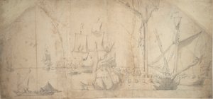 Englantilainen jahti ankkurissa purjeen rullapurjehduksessa tekijältä Willem van de the Elder Velde