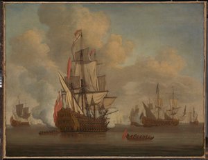 Rauhallinen: englantilainen kaksikerroksinen alus, jonka purjeet on laskettu ja joka ampuu tervehdyksen. tekijältä Willem van de the Elder Velde