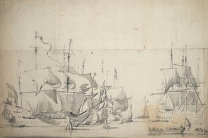 Hollantilaiset taistelualukset kuivaamassa purjeita, noin 1658 (grafiitti, harmaa pesu). tekijältä Willem van de the Elder Velde