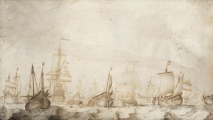 Hollantilaiset silakan kalastusalukset Pohjanmerellä. William van de Velde vanhemman (n. 1611-1693) tussi- ja pesupiirros (27,4x47,6 cm), noin 1650. tekijältä Willem van de the Elder Velde