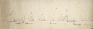 Hollantilaisia laivoja ankkurissa rannikon edustalla, n.1664 (grafiitti, harmaa pesu). tekijältä Willem van de the Elder Velde