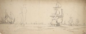 Hollantilaisia aluksia juoksemassa kohti päälaivastoa, May 1672, noin 1672 (grafiitti, harmaa pesu).