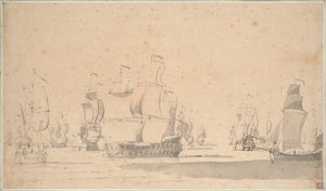 Englantilaisia laivoja, ketssi ja galliot kevyessä tuulessa, kesäkuu 1673, noin 1673 (lyijykynä, pesu, tussi, ruskea muste). tekijältä Willem van de the Elder Velde
