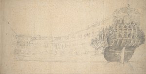 Ranskalaisen kaksikerroksisen aluksen muotokuva. Rakennettu Hollannissa 1666-67, noin 1667 (grafiitti). tekijältä Willem van de the Elder Velde